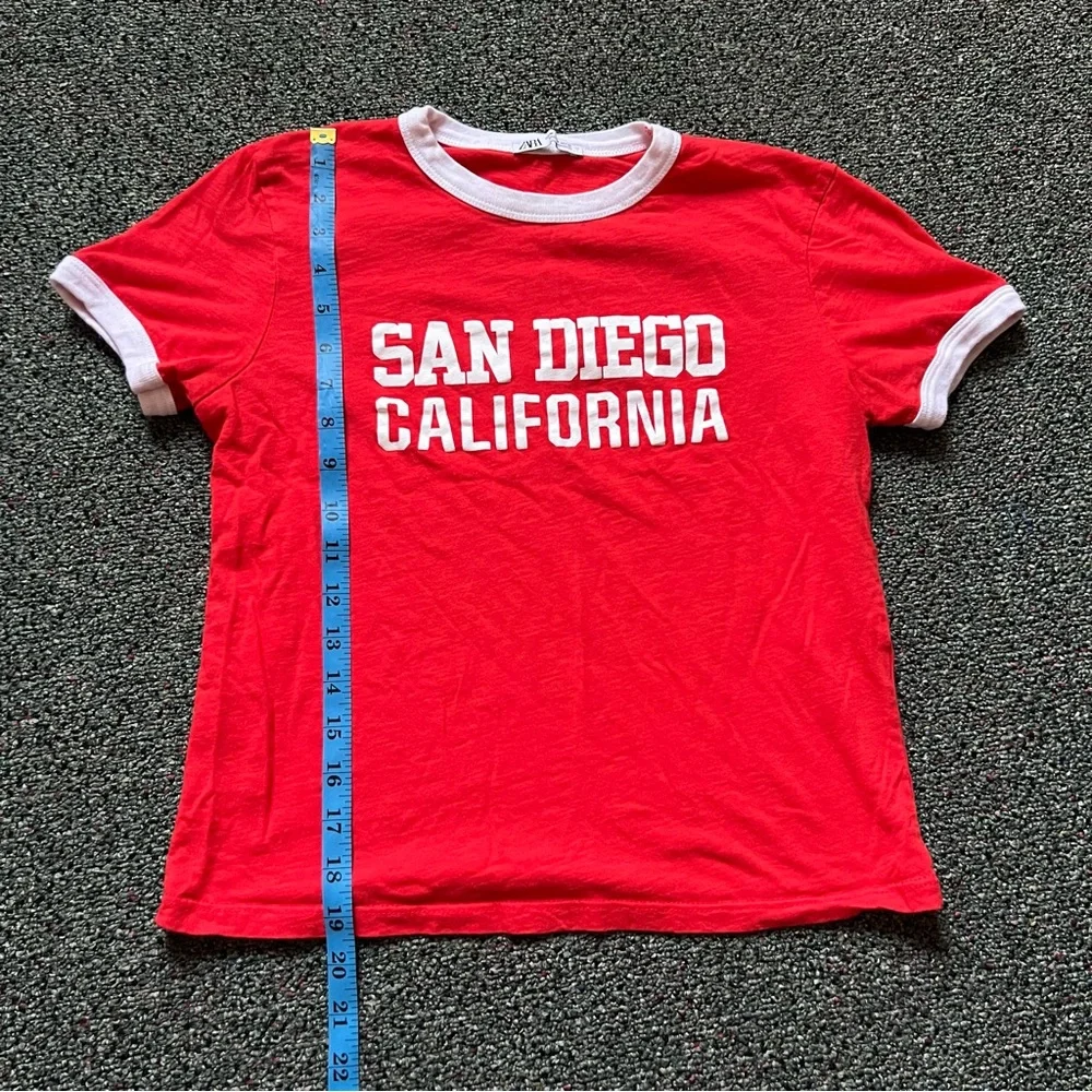 ZARA Red & White Varsity Baseball Graphic Short-Sleeve Ringer T-Shirt Shirt sz M - Picture 14 of 16